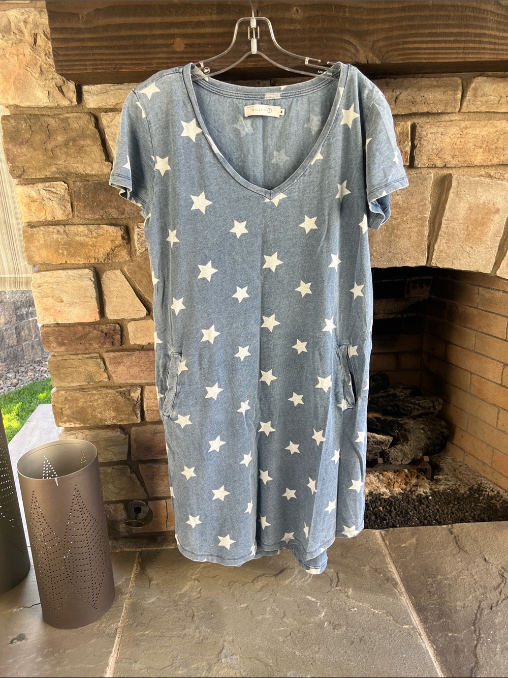 Women’s Billy T Star Print Blue V-Neck Dress with Pockets Medium